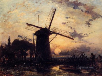 Johan Jongkind Painting - Boatman by a Windmill at Sundown Johan Barthold Jongkind